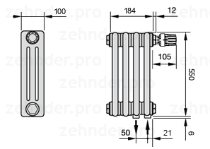 Схема (чертеж) Радиатор Zehnder Charleston 3055/4 №V002 Белый глянцевый RAL 9016